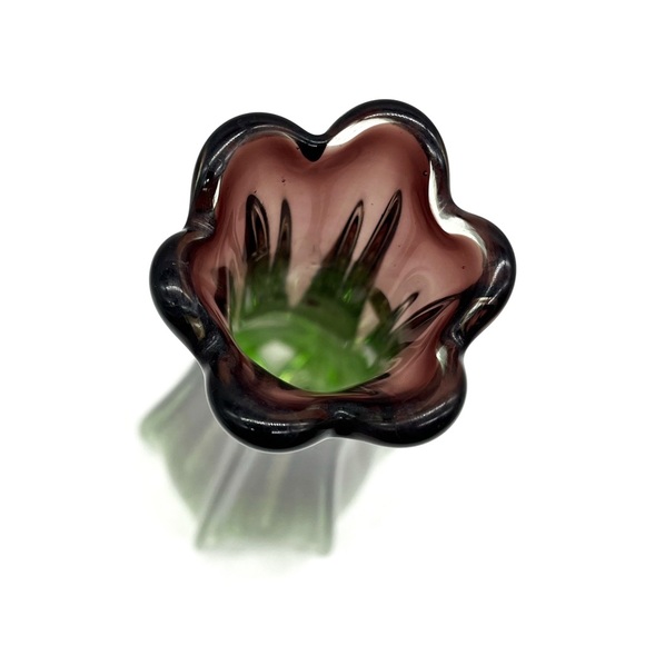 Vintage MCM Merano ? Vase With Sticker Green Purple Mundblown Glass Mid- Century - Picture 3 of 4